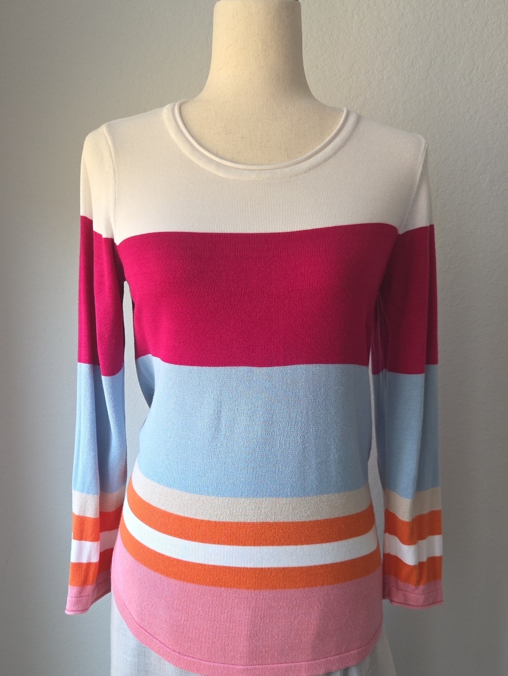 Striped Long-Sleeve Crewneck Top in White, Pink, Light Blue & Orange
